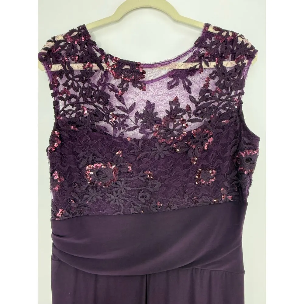 Marina Evening Gown Women 12 Eggplant Purple Mesh Lace Sequins Floral Front Slit - Image 9