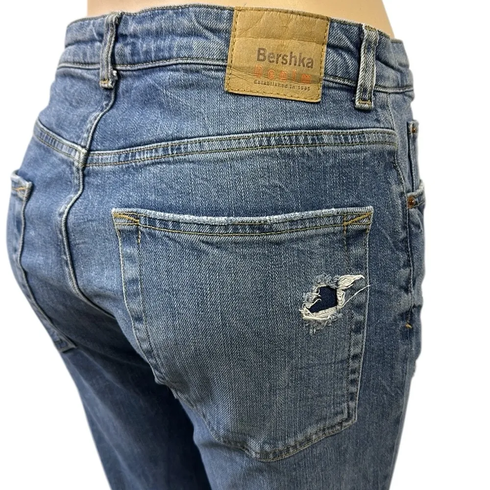 Denim Bershka Distressed Blue Jeans High Rise Raw Hem Skinny Crop Womens 31 - Image 2