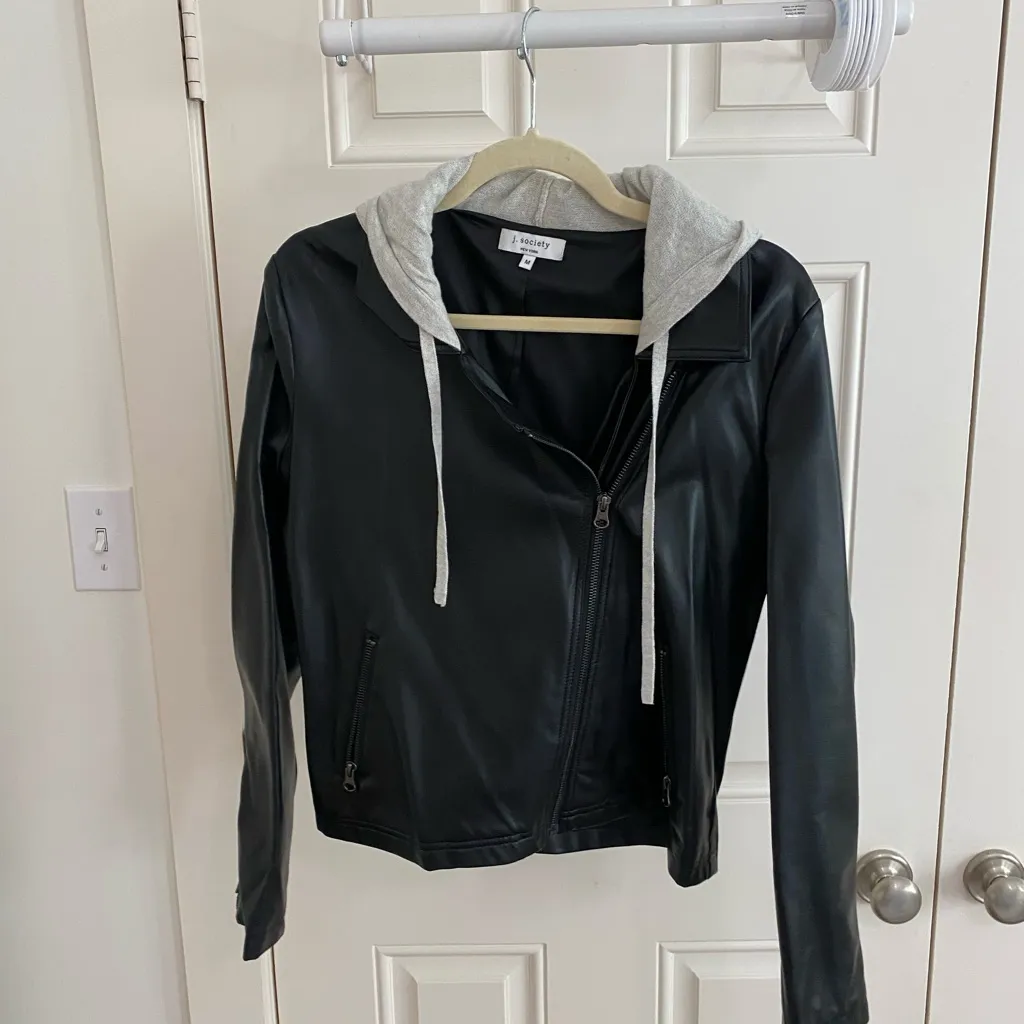 Black Faux Leather Moto Jacket with Gray Hood | Trendy Layered Look Size M - Image 4