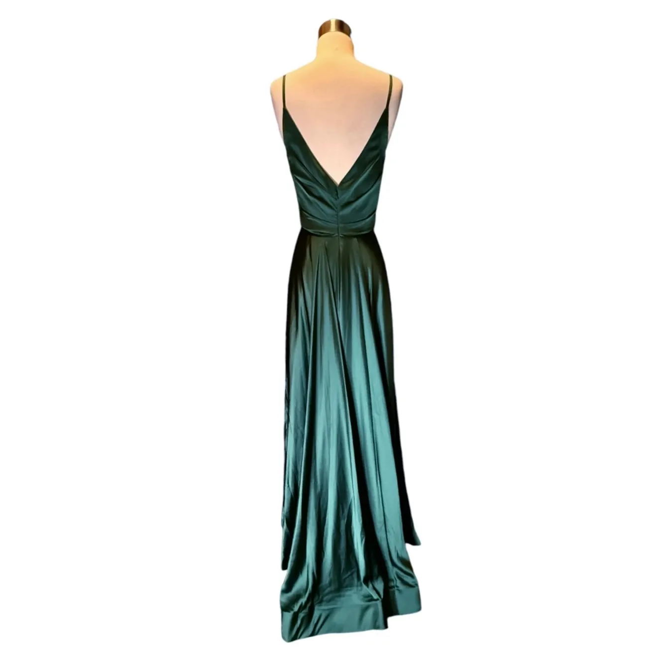 LA FEMME Emerald Green Satin Ball Gown Plunge V-Neck Dress Slit Evening 6 NWT - Image 6