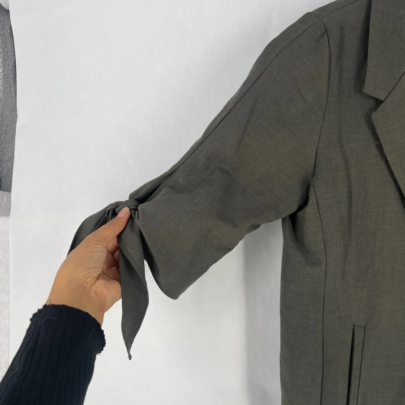 Lola & Sophie Blazer Jacket Womens XS Olive Gray Tie Sleeve Single Breasted Green - Image 6