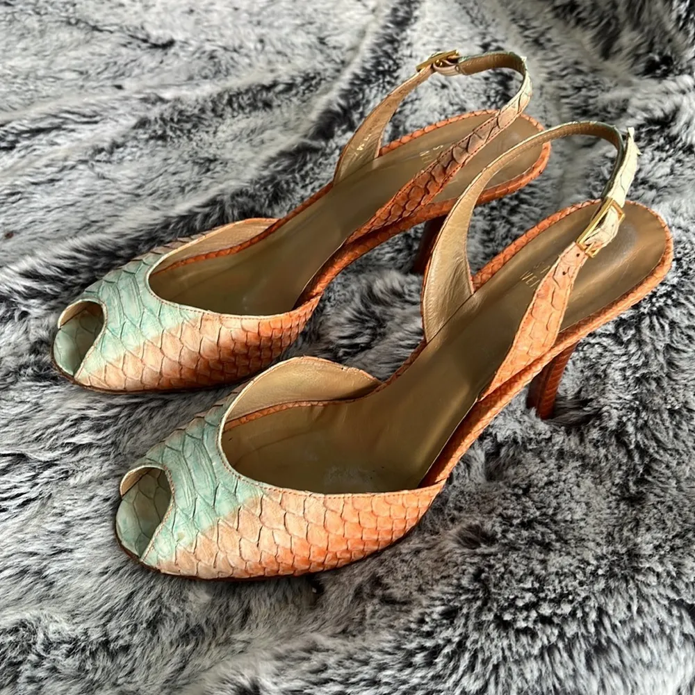 Stuart Weitzman Multi Color Leather Snakeskin Slingback Sandals Size 7.5 - Image 2