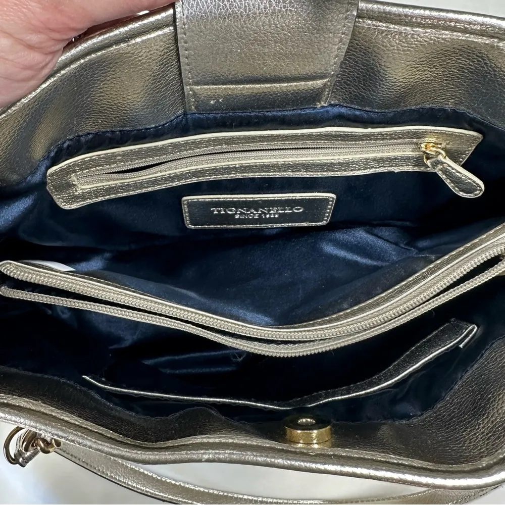 Tignanello Rattan Woven Faux Leather Gold Metallic Trim Shoulder Bag Purse - Image 8