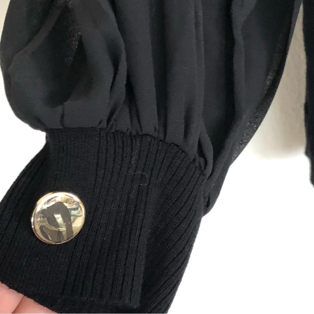 7th avenue NY Black knit top Sweater with sheer puff sleeves w/gold button accents Size M - Image 5