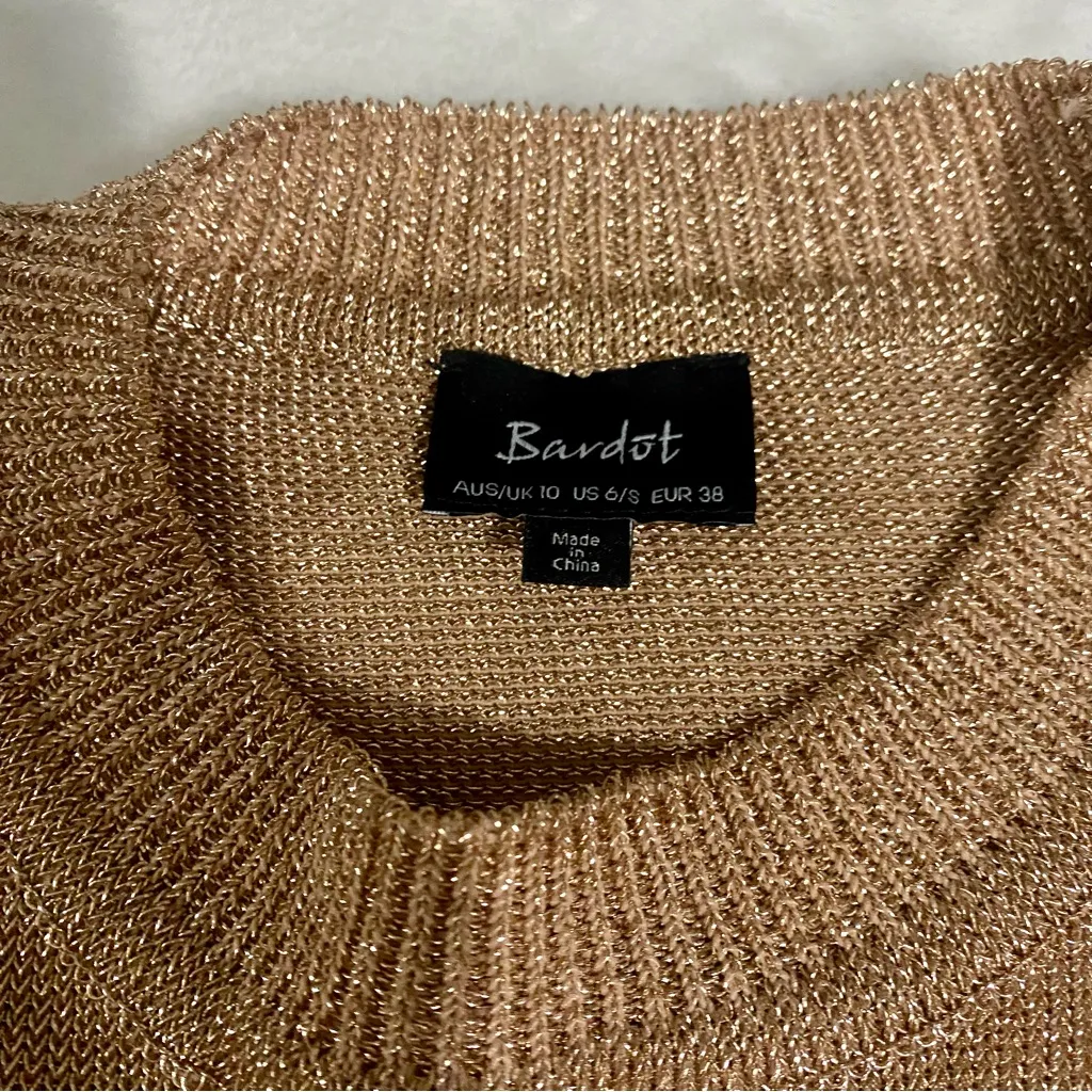 Bardot Metallic Sweater Top Rose Gold Shimmer Knit Crew - Image 4