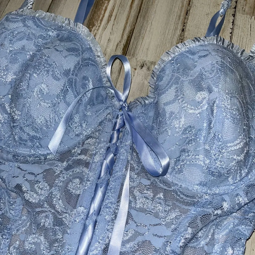 Y2K Baby Blue Corset Babydoll Top‎ Lace Mesh Wired Womens Size Large - Image 2