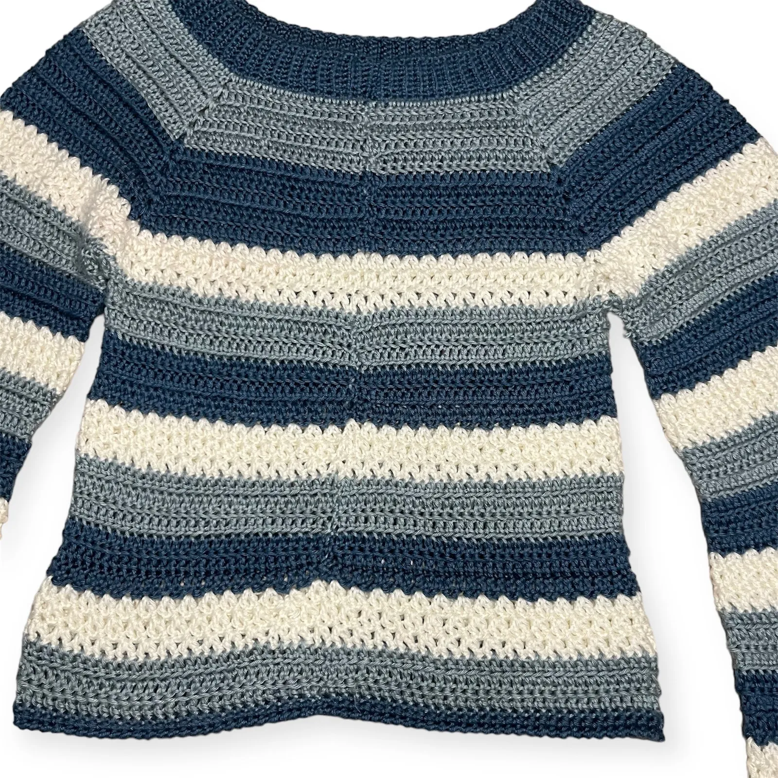 Blue White Crochet Y2K Striped Sweater Flare Sleeve Handmade XS Small Winter - Image 6