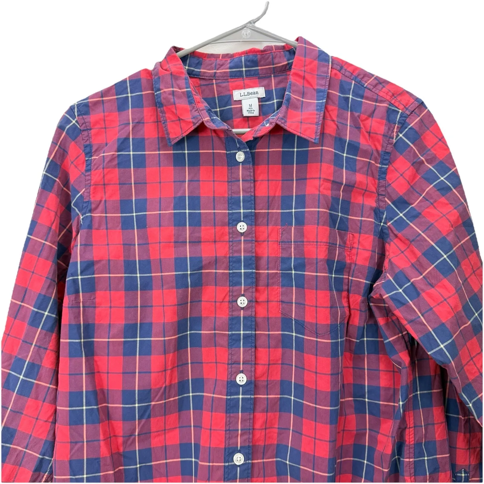 LL Bean Red Blue Plaid Cotton Poplin Button Up Shirt Size MEDIUM - Image 3