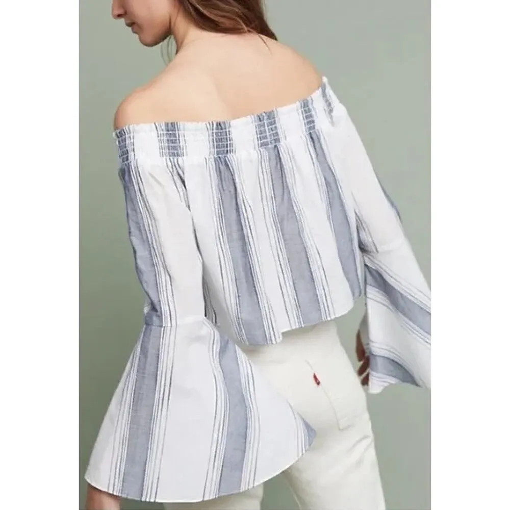 Anthropologie Lilka Off the Shoulder Pom Pom Tassel Crop Top Striped Bell Sleeve - Image 11