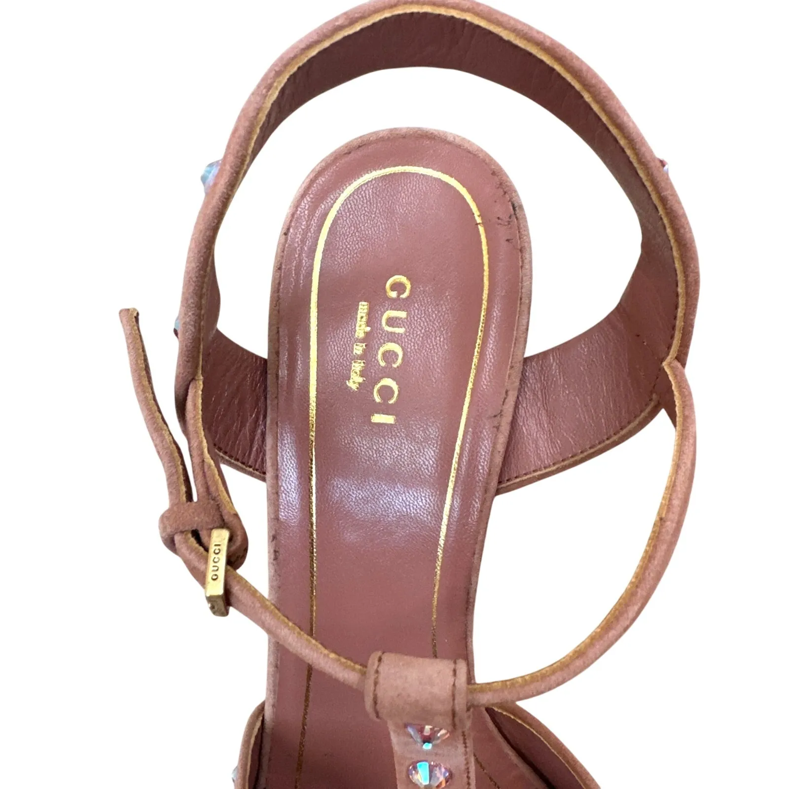 Gucci  Rose Suede Crystal T-Strap Heels Sandals Size IT 38, US 8 - Image 8