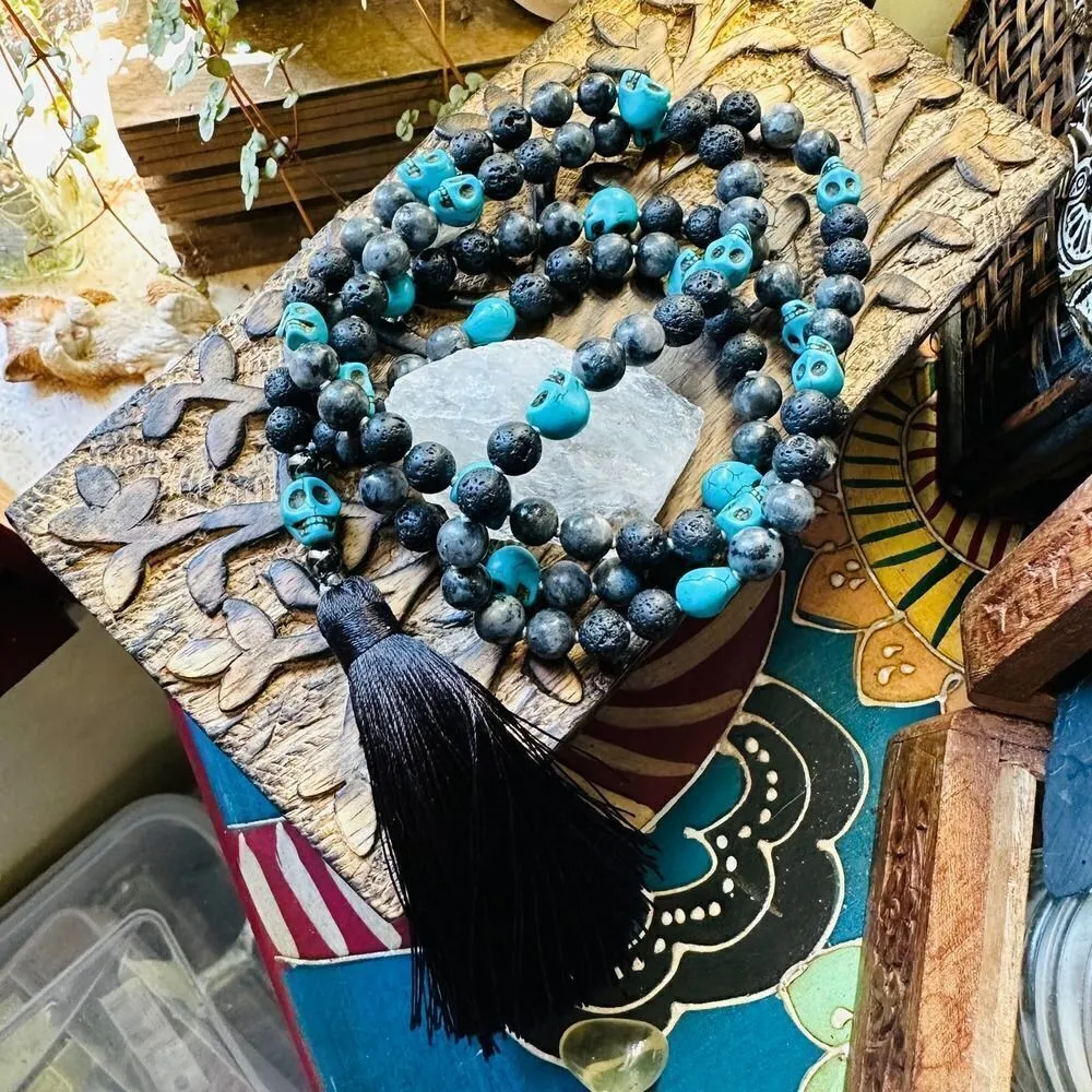 Skull Turquoise And Lava Stone Mala Necklace Blue - Image 3