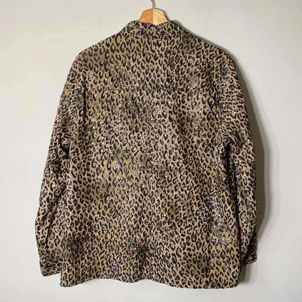 Chico's Women's Size 2 Long Sleeve Sequin Leopard Print Lightweight Jacket Brown - Image 10