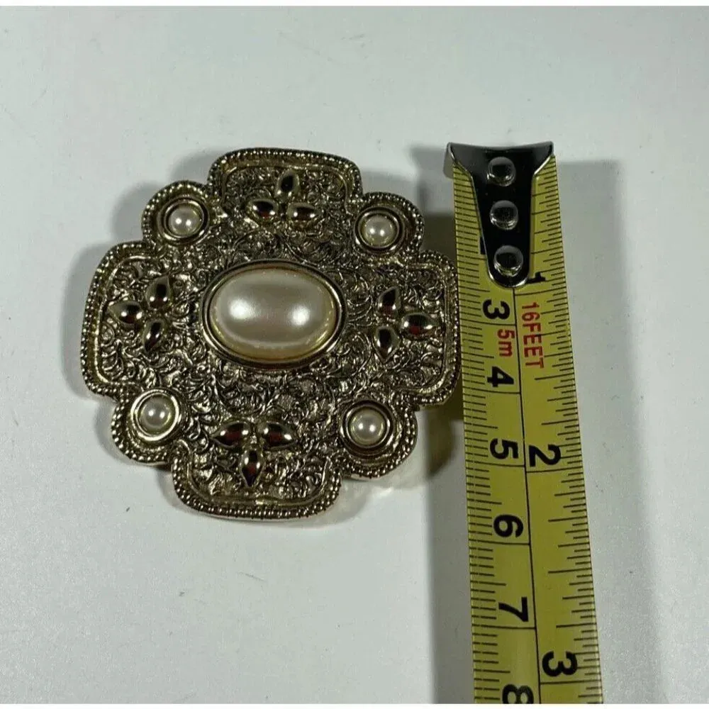 Landau Gold Tone Faux Pearl‎ Large Pin Brooch Vintage - Image 2