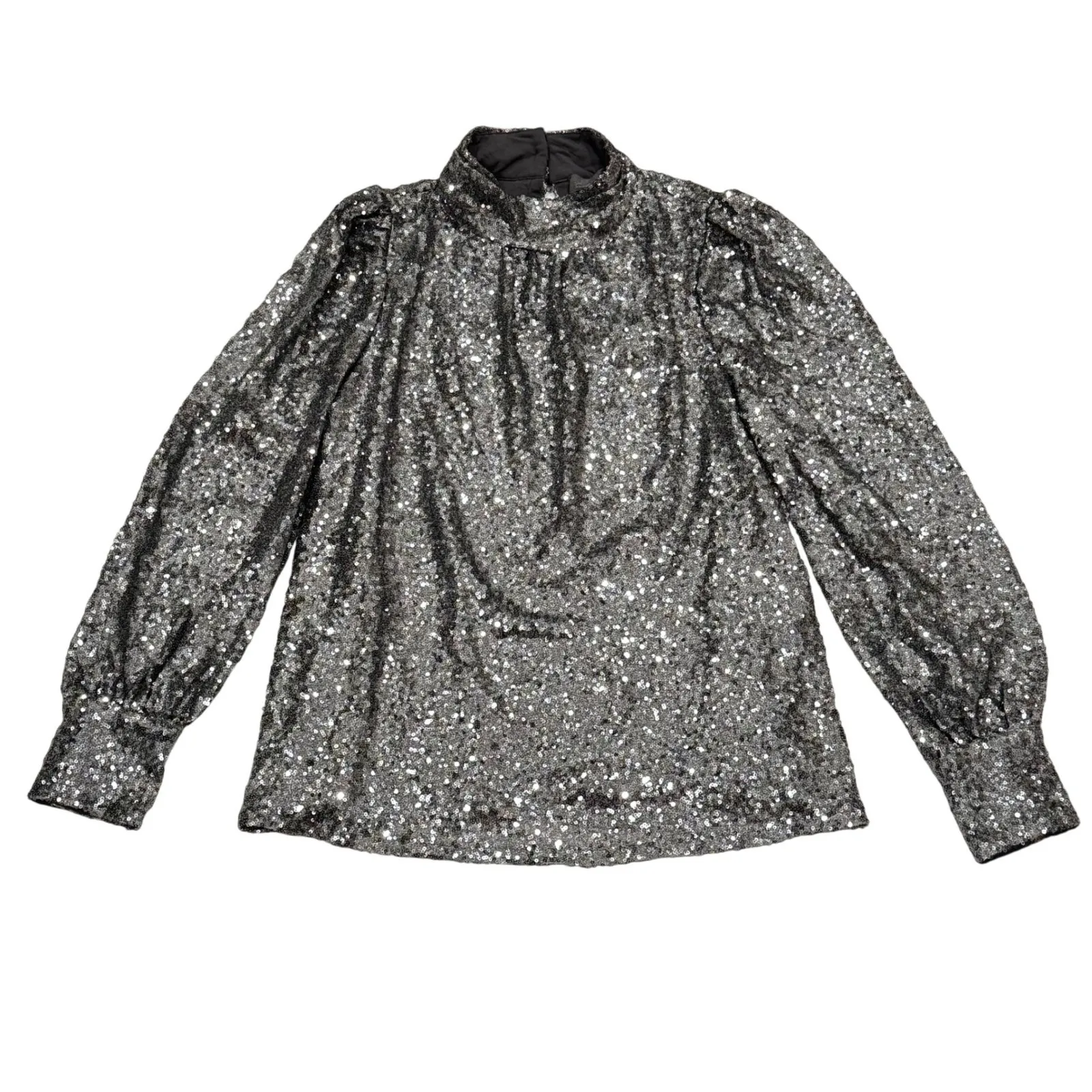 Sunday in Brooklyn Silver Sequin Holiday NYE Mock Neck Puffed Sleeve Blouse Xs - Image 3