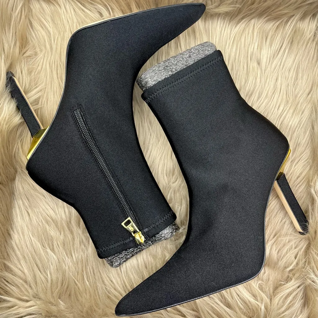 Good American black shine neoprene ankle heel boots women Size 8.5 - Image 11