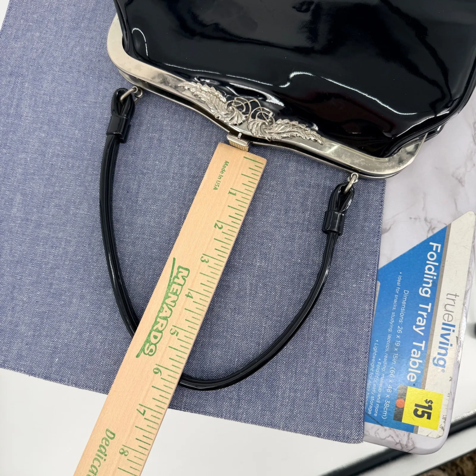 Vtg Black Patent Kiss Lock Handbag Ornate Silver Clasp Evening Bag Formal MCM - Image 9