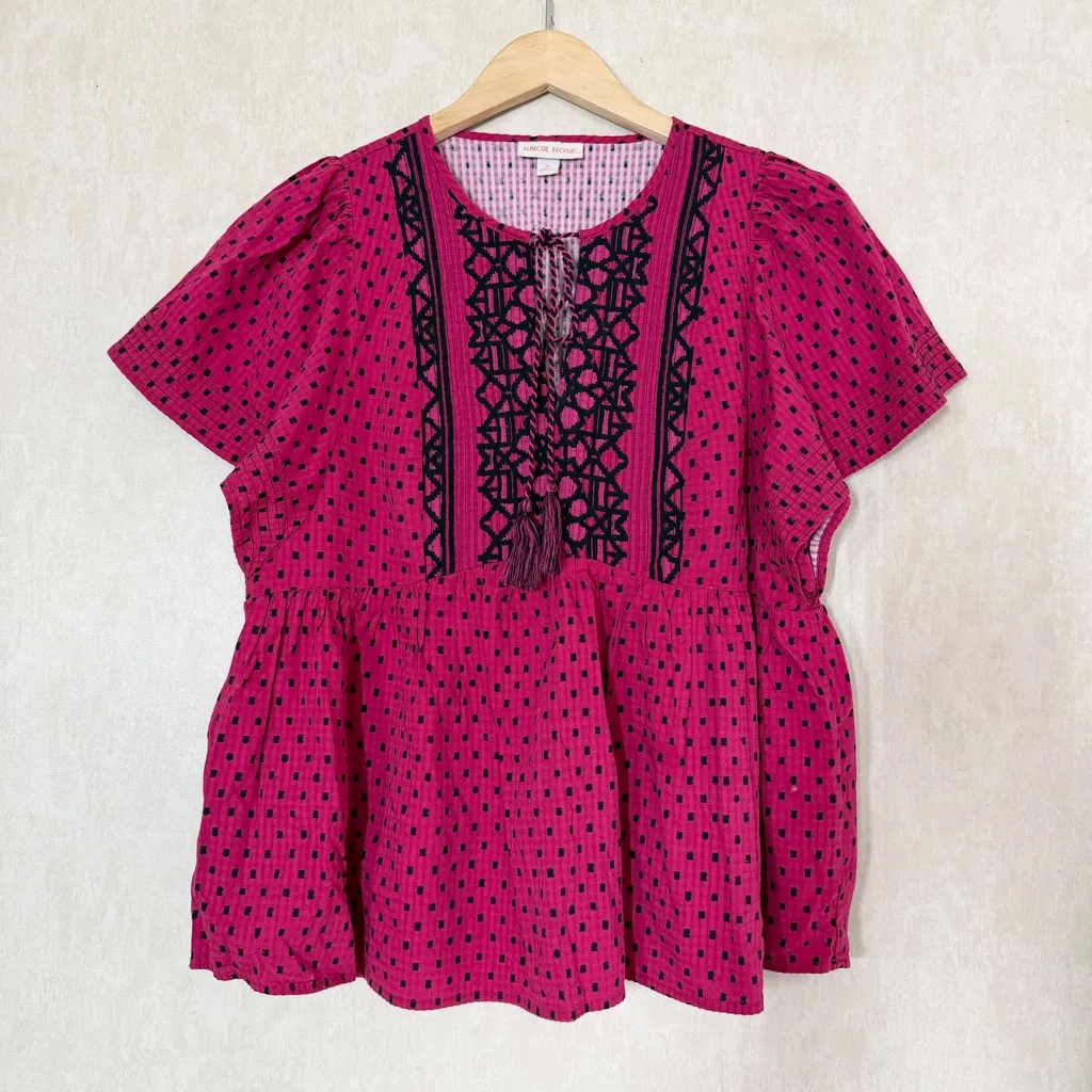 Knox Rose Embroidered Flutter Shortsleeve Top Valentine’s in Polka Dots Pink M - Image 3