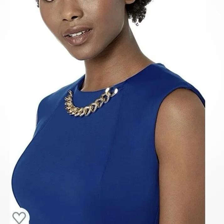 Calvin Klein Royal Blue Gold Chain Necklace Sleeveless Ponte Sheath Dress Size 8 - Image 4
