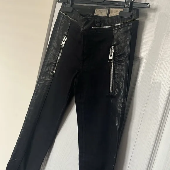 All Saints | Black Leather / Denim Moto Pants with Zipper Details Size 24 - Image 2