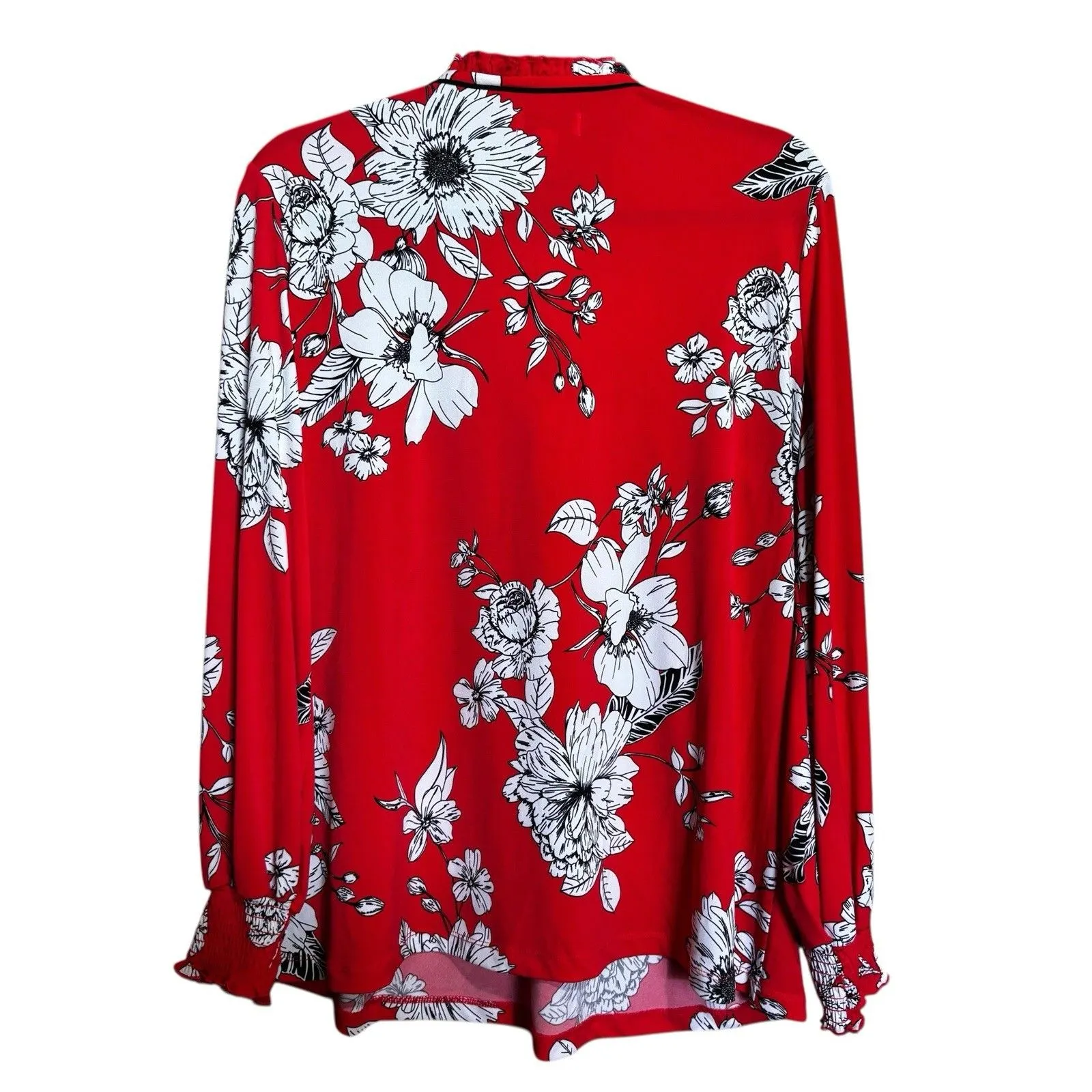 Susan Graver Mock Neck Top Women Large Red Floral Liquid Knit Long Sleeve Blouse - Image 6