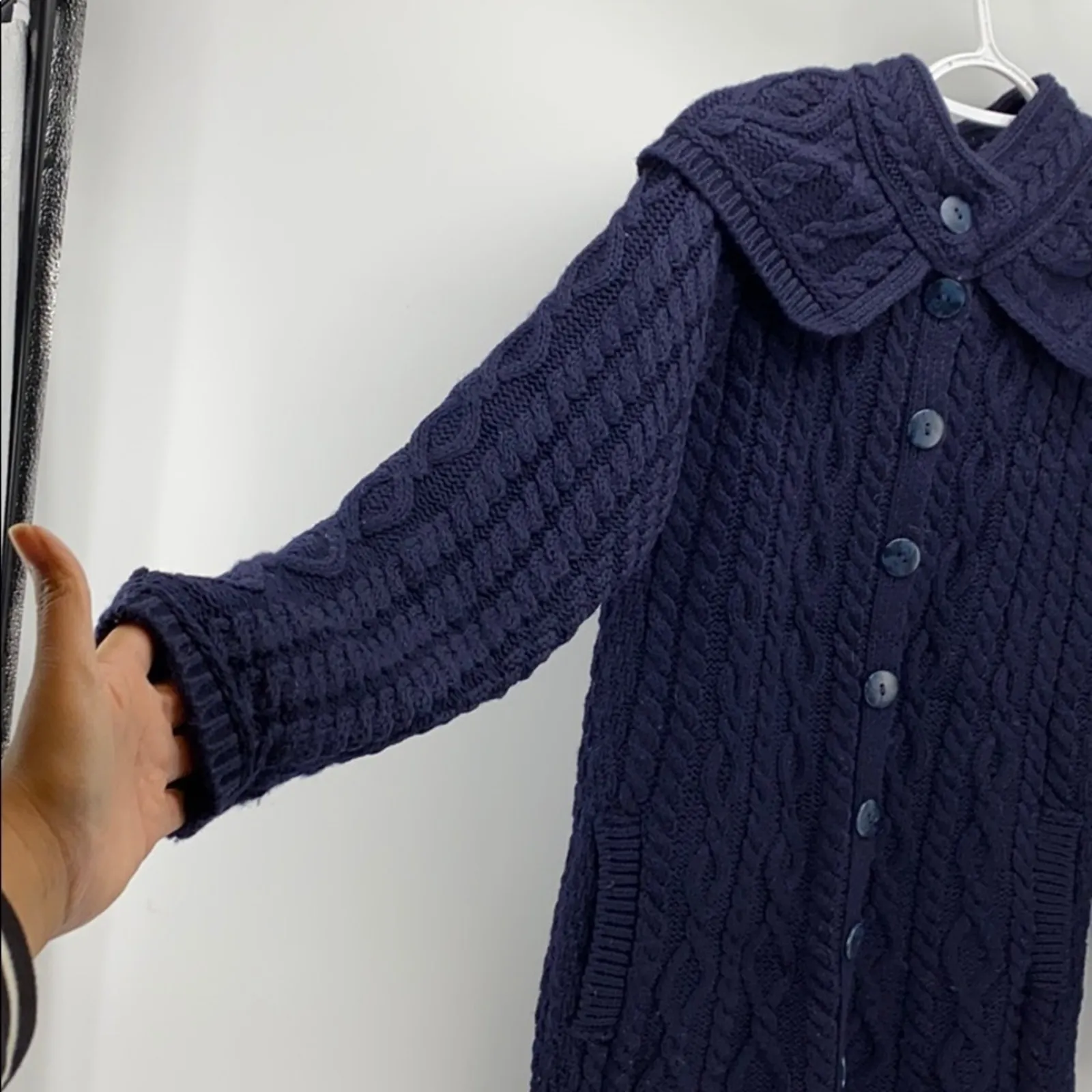 Aran Crafts Ireland 100% Merino Wool cable knit hooded sweater size XS fisherman Blue - Image 5