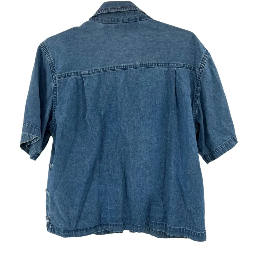 Keren Hart stars stripes patriotic American short sleeve denim button up XL Blue - Image 2