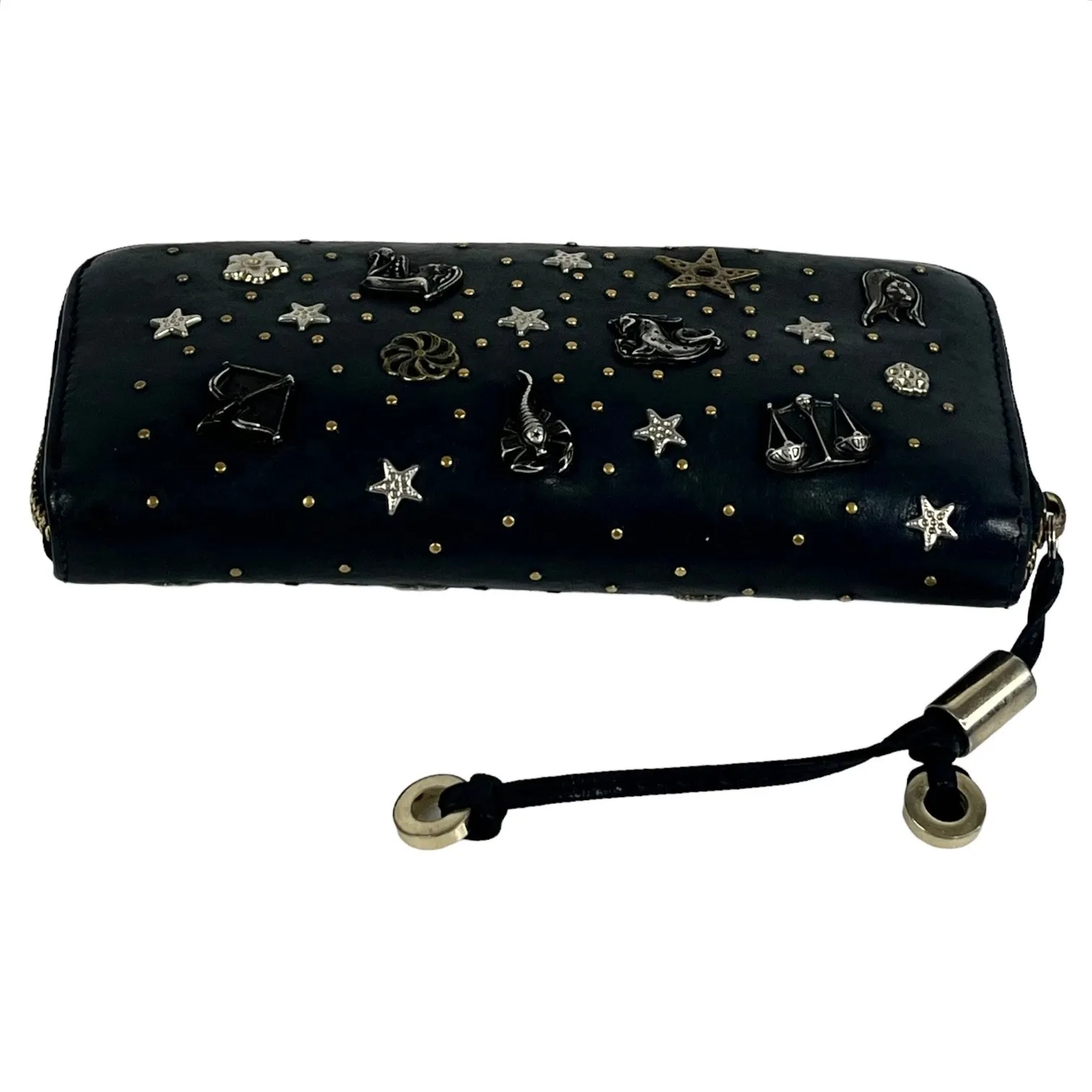Jimmy Choo Long Wallet Zodiac Studded Zip Black Leather Clutch Purse Authentic - Image 4