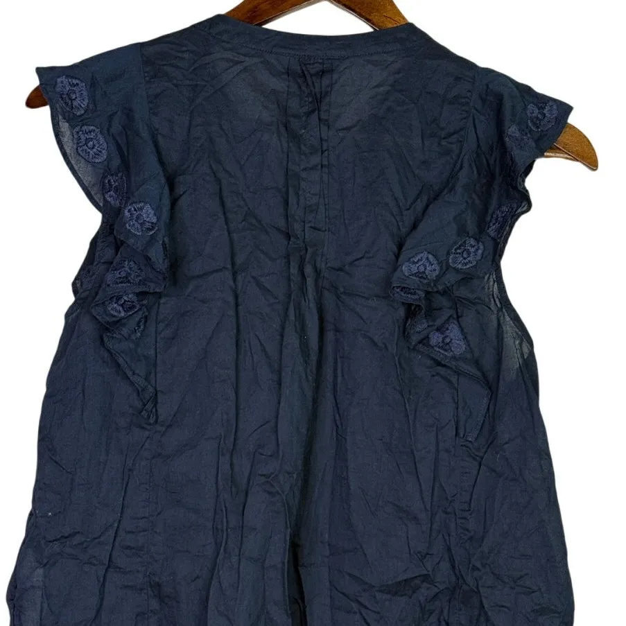 J. Crew Ruffled Neck Floral Embroidered Detail Sleeveless Blouse L Navy Blue - Image 5