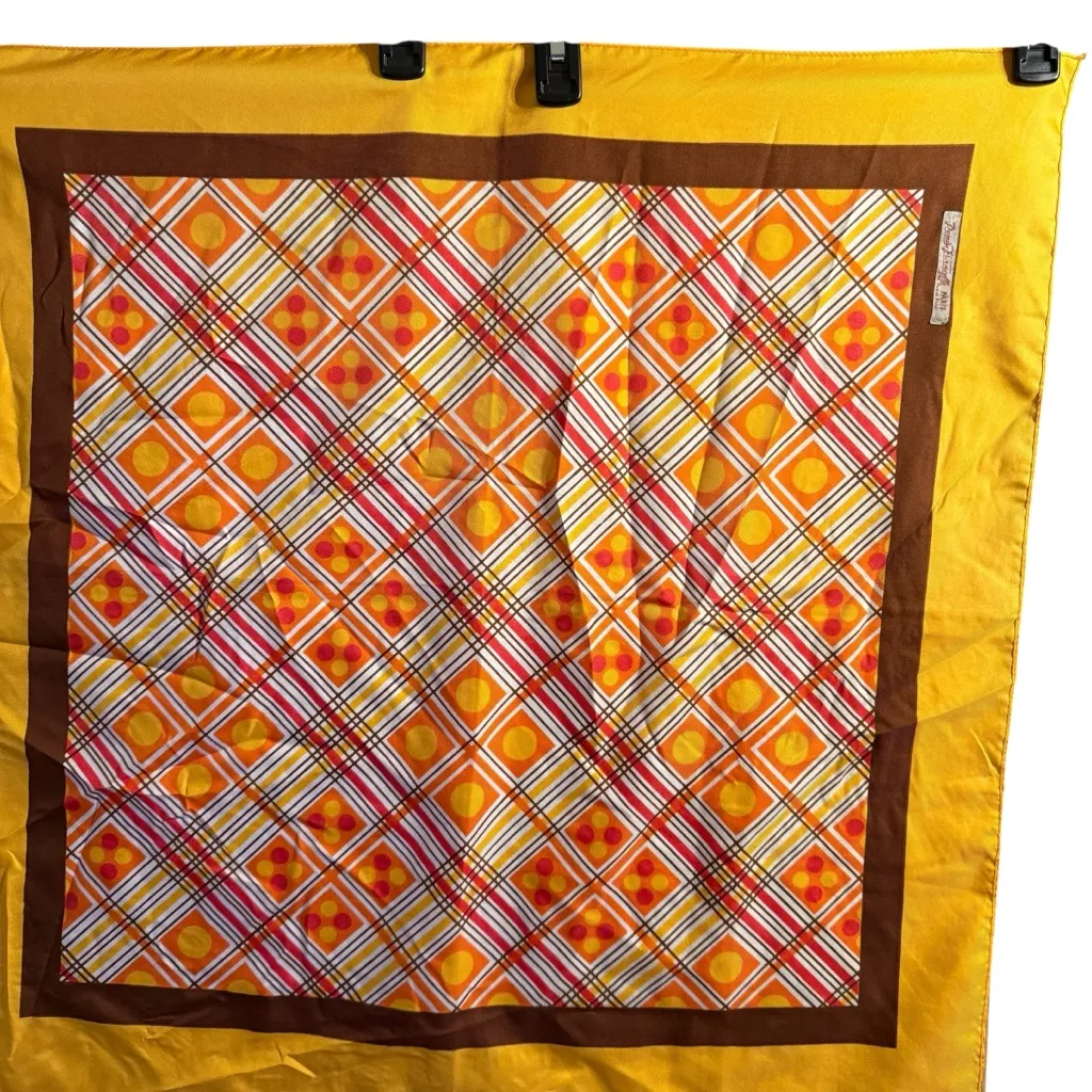 Vintage 1970s Yellow Orange and Brown Geometric Plaid Polyester Scarf 26” x 26” - Image 3