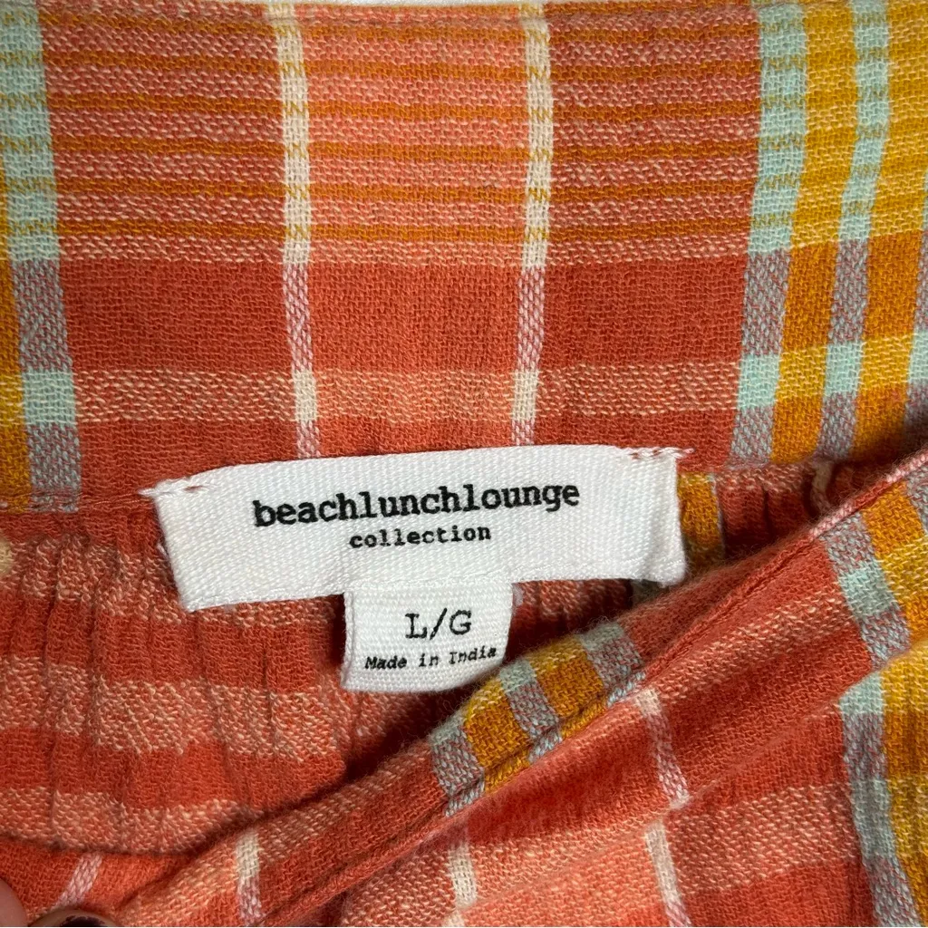 beachlunchlounge Naomi Orange Plaid Cotton Ruffle Blouse Women’s Size Large - Image 6