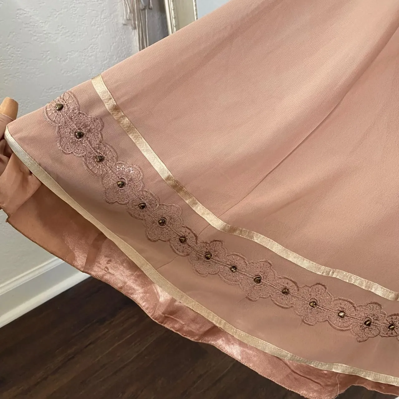 Whimsical Fairy Cottage Core Satin Mesh Embroidered Beaded Midi Maxi Skirt XL Brown - Image 7