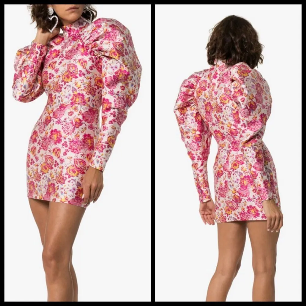 💕ROTATE💕 Number 1 Floral Puff Sleeve Mini Dress ~ Raspberry Rose Combo White Size XS - Image 10