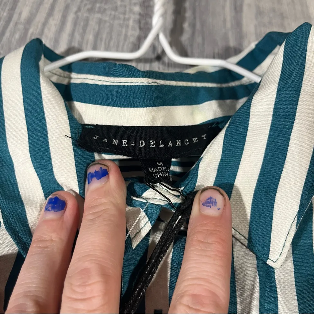 Jane + Delancey White Turquoise Blue Stripes Long Sleeve Button Down Shirt - Image 3