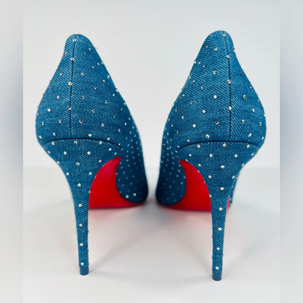 CHRISTIAN LOUBOUTIN Kate Plum Strass 85mm Crystal Blue Denim Pumps Size EU 41.5 - Image 4