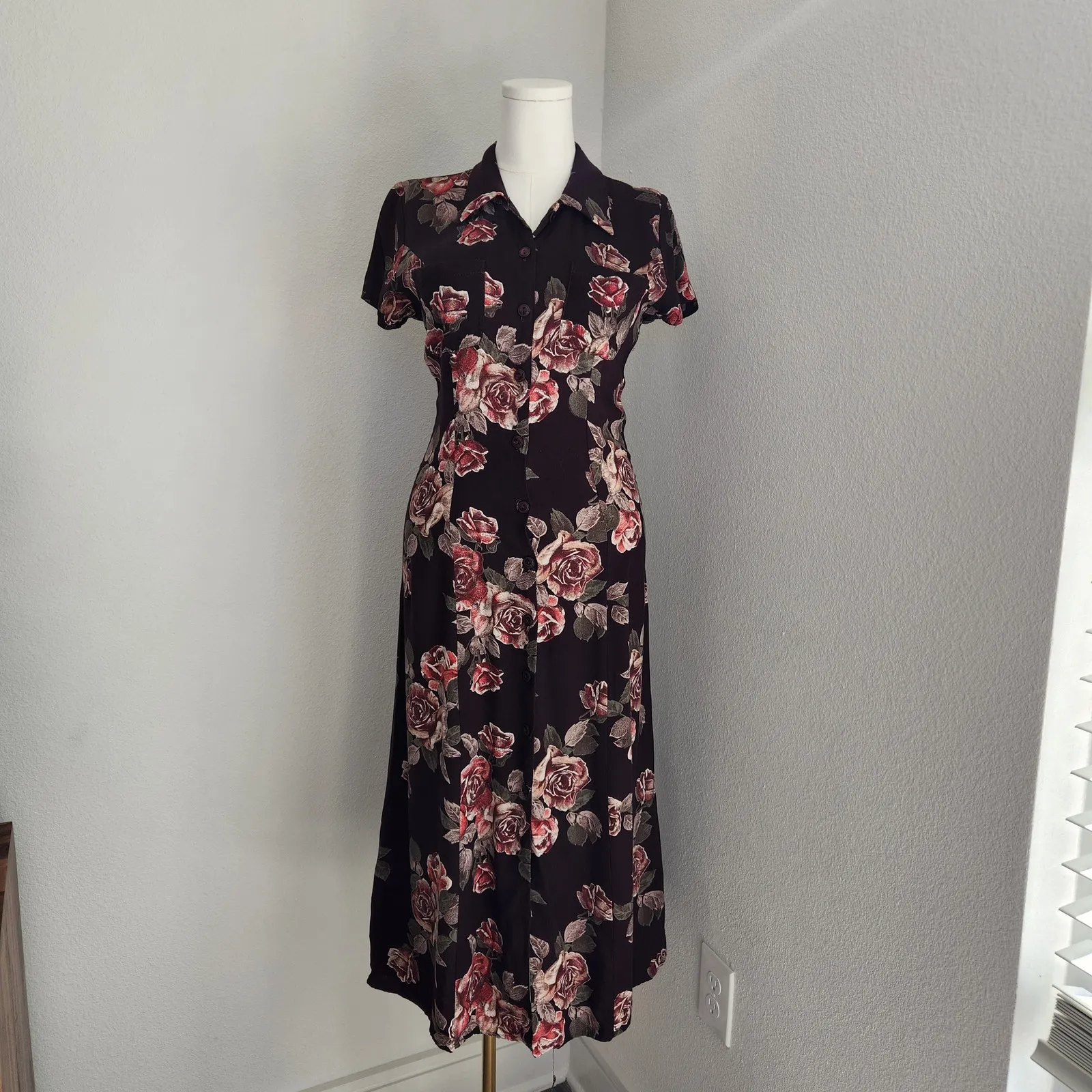 90s IZ California Brown Rose Print Button Front Midi Shirt Dress Short Sleeve M Size 8 - Image 12