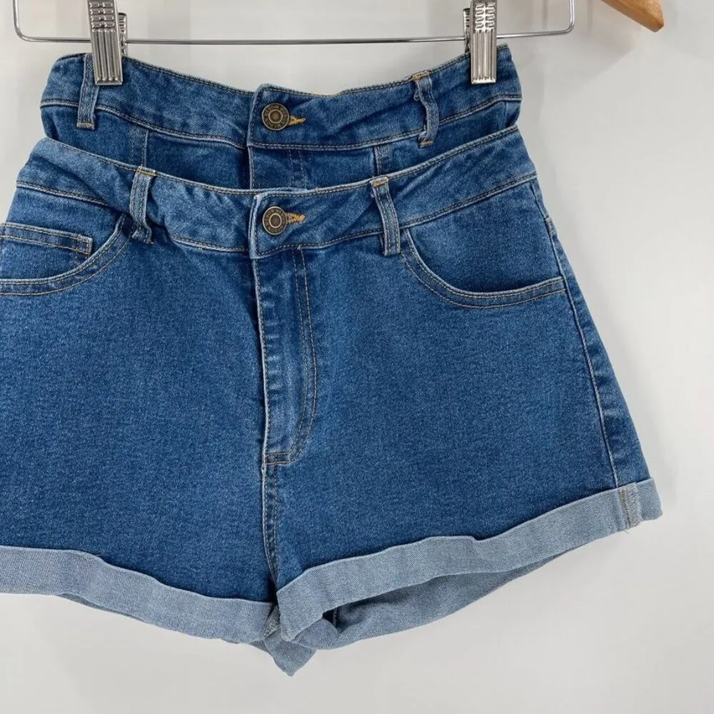 Mebon Machine Jeans Double Waist Jean Shorts High Waisted Stretch Blue Denim - Image 4