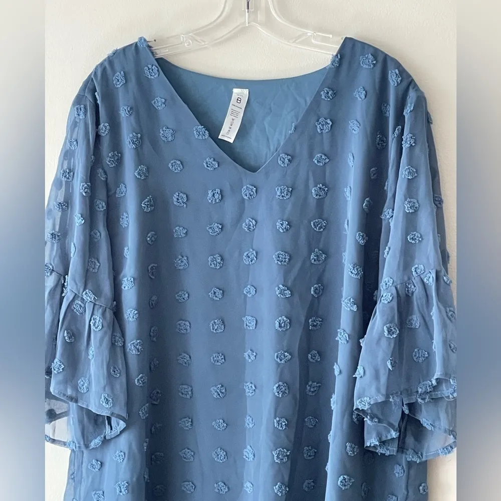 B Sky Blue Swiss Dot Half Bell Sleeve Shift Dress Size XXL Ruffle Sleeves - Image 2