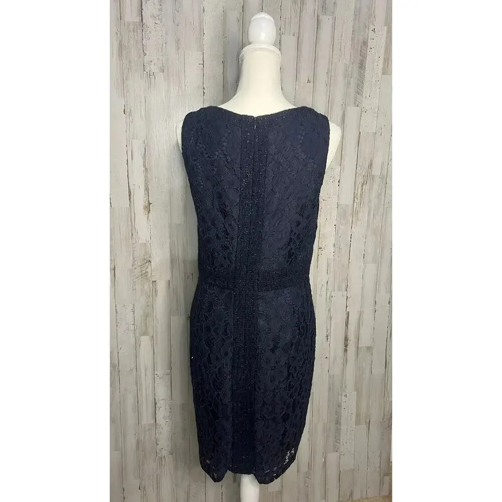 Trina Turk Women's Size 10 Navy Blue Sleeveless‎ Lace Sheath Dress Short - Image 3