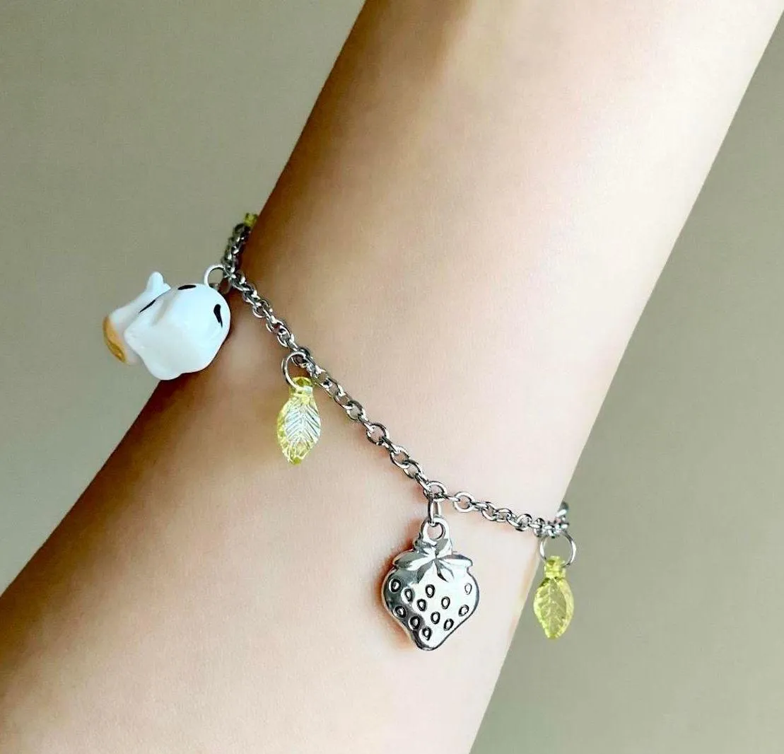 Handmade y2k Kawaii funky fairy cow&strawberry&butterfly stainless steel chain bracelet🐮🍓🍃🦋🌀🌳 - Image 3