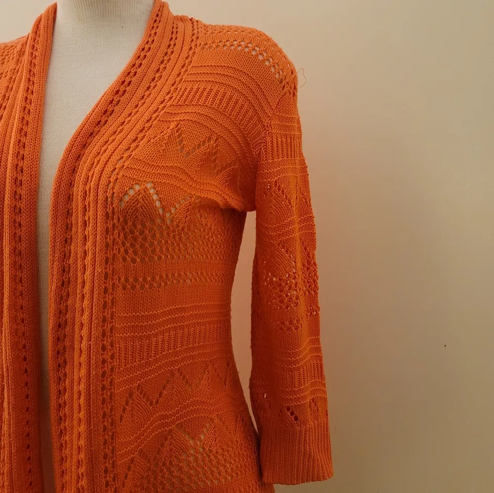 89th And Madison Orange 3/4 Sleeve Crotchet Knit Open Front Cardigan S - Image 4