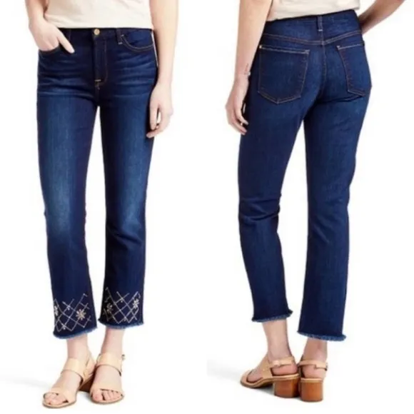 7 For All Mankind- Jen 7 Embellished Hem Straight Crop Jeans Dark Hudson Blue 4 - Image 2
