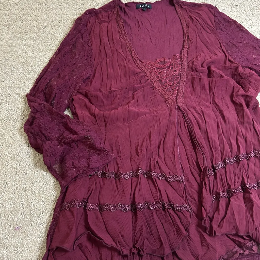 Panitti Women’s Large Burgundy Crinkle Layered Lace Long Sleeve Blouse Tunic Red - Image 2