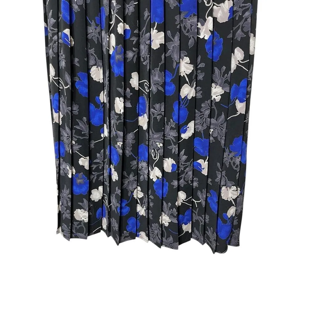 TanJay Black Blue Floral Print Pleated Vintage Midi Skirt Made In Canada Size 12 - Image 3