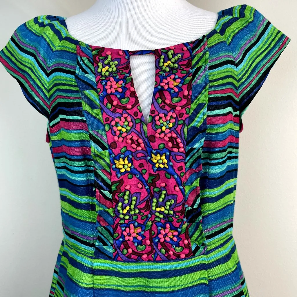 Nanette Lepore Dress 8 Blue Green Silk Linen Stripe Beaded Ruffle Mamacita Frock - Image 3