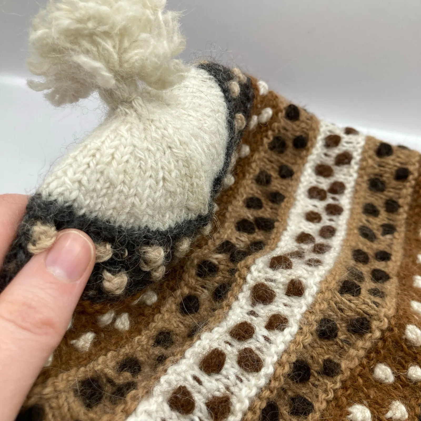 Handmade Brown Stripe Dot Knit Chullo Earflap Hat Adult S/M Folk Artisan Peru - Image 3