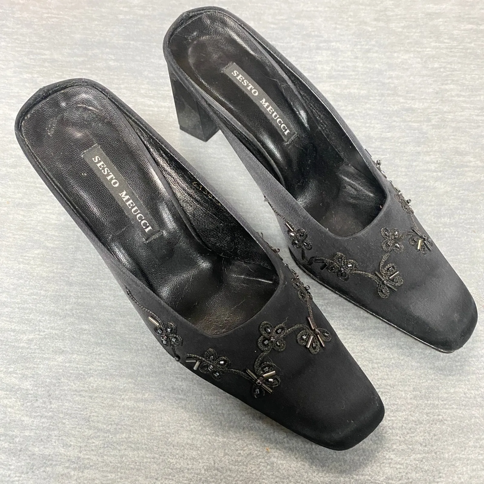 Vintage Sesto Meucci Black Satin Beaded Embellished Mule Heels Sz 7 M Old Money - Image 3
