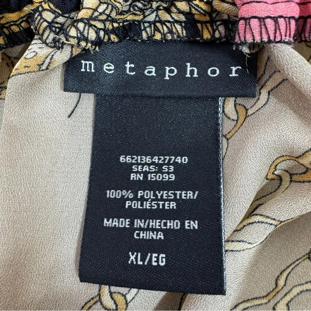 Metaphor‎ Equestrian Print Chiffon Smocked Neck Blouse Black Pink XL - Image 10