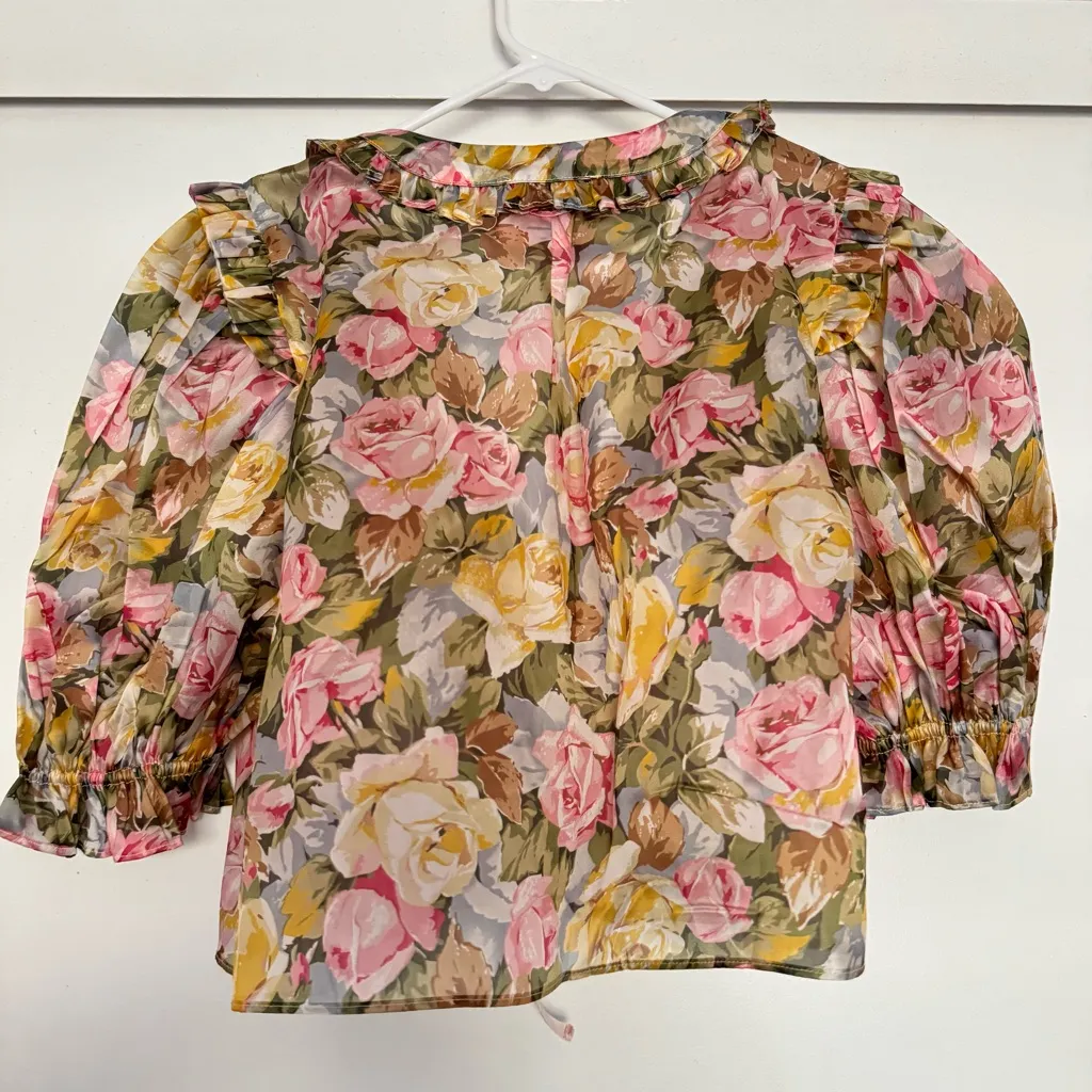 Selkie Paperdoll Floral Blouse Top Bow Tie Jardin De Fleurs Silk Pink Size L - Image 6