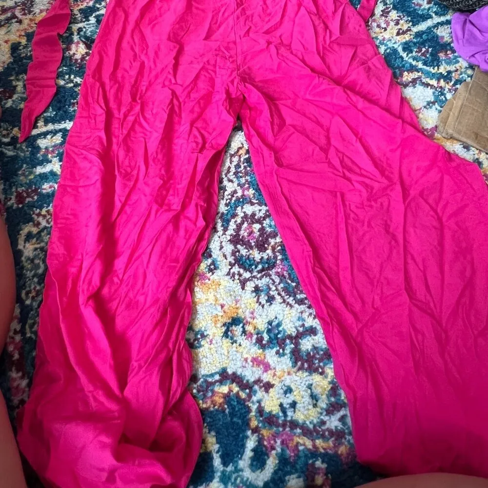 NWT Rusttydustty Hot Pink Geometric Embroidered Tube Top Wide Leg Jumpsuit M Size M - Image 2