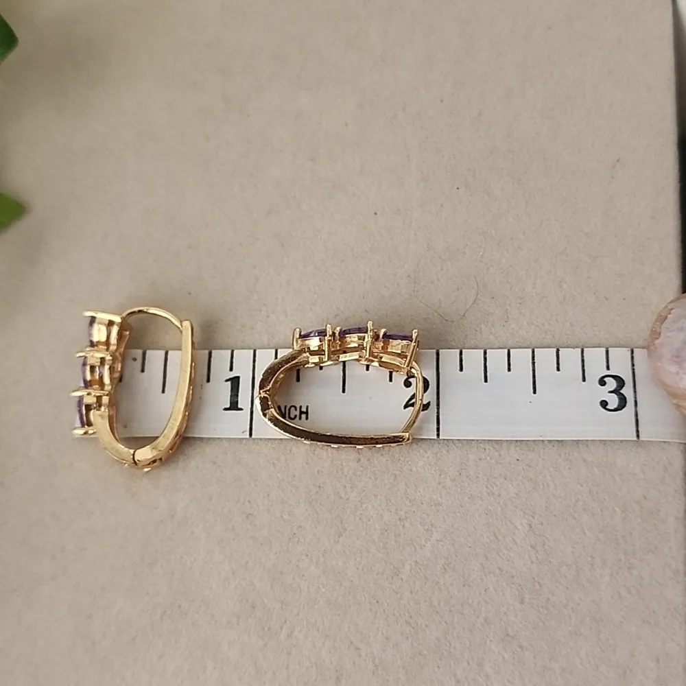 Gold Filled Oval Hoop Earrings Amethyst Purple Crystal Heart Stones - Image 8